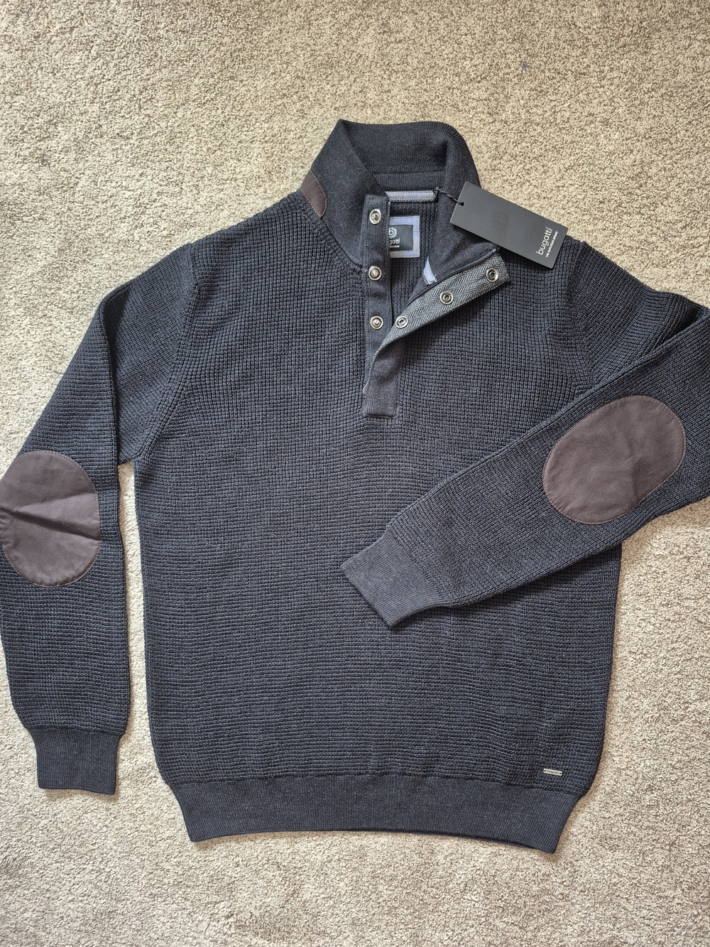 Bugatti NWT Dark Grey Wool Mix Knit Zip-Neck Sweater with Brown Elbow Patches Lg